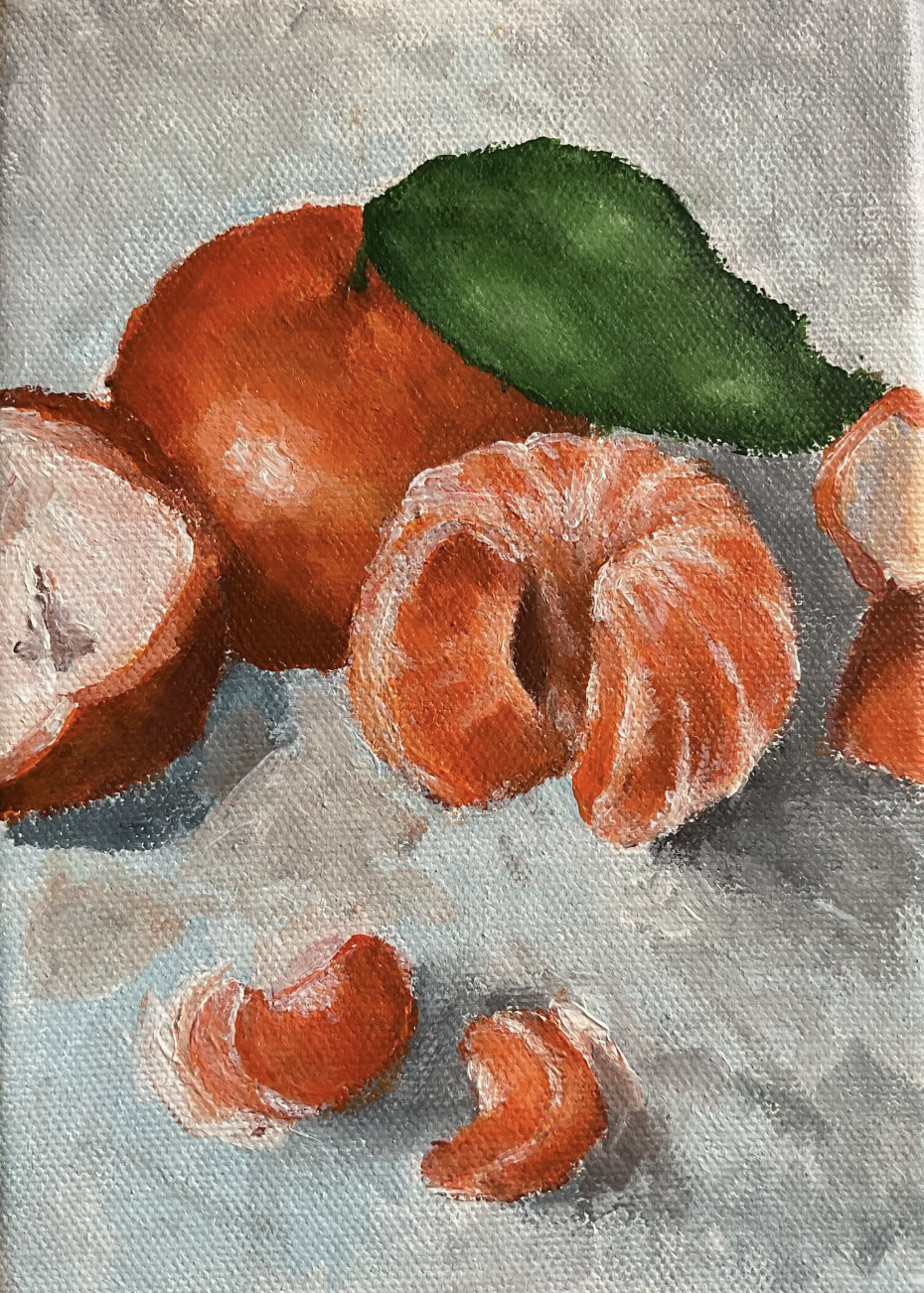 Painting of clementines and peeled citrus
